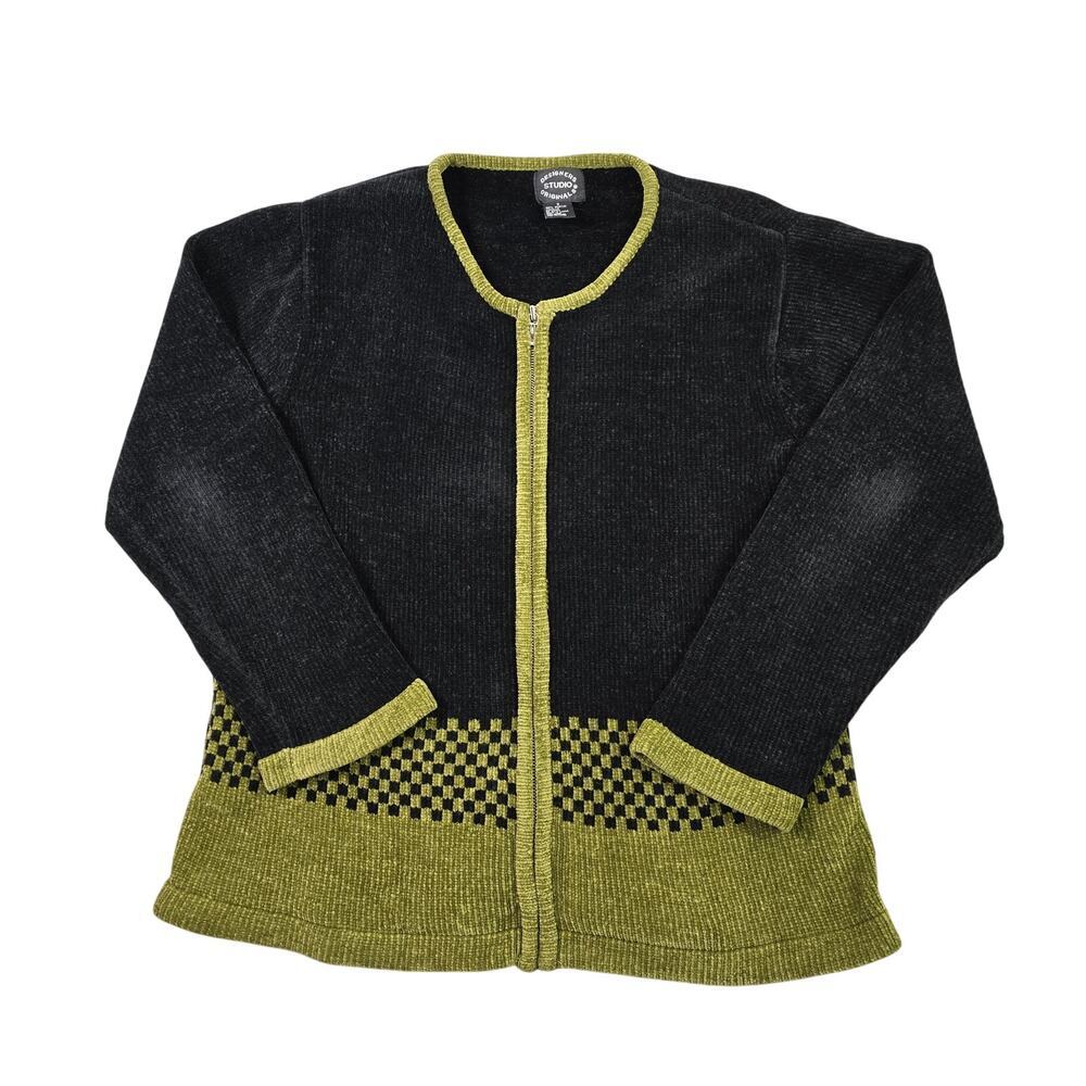 Vintage 90s Full Zip‎ Sweater Women Sm Check Knit Soft Cottage Boho Cozy Phoebe